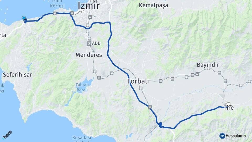 İzmir Güzelbahçe Tire Arası Kaç Km - Yol Haritası