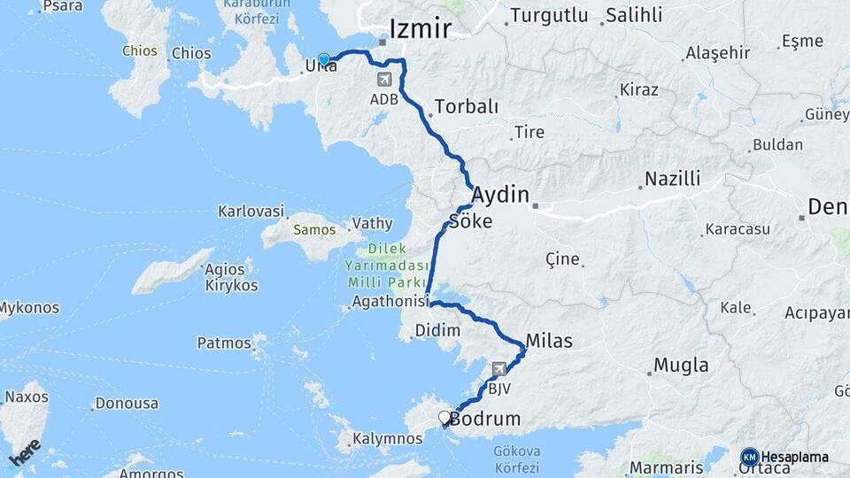 İzmir Güzelbahçe Yelki Bodrum Muğla Arası Kaç Km - Yol Haritası