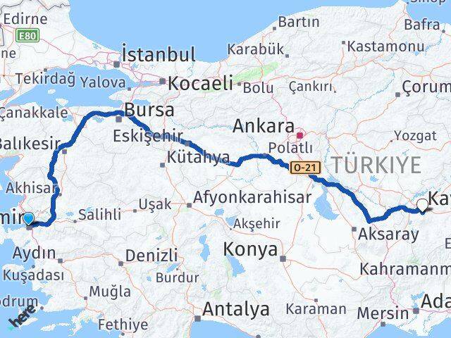İzmir Hacılar Kayseri Arası Kaç Km - Yol Haritası
