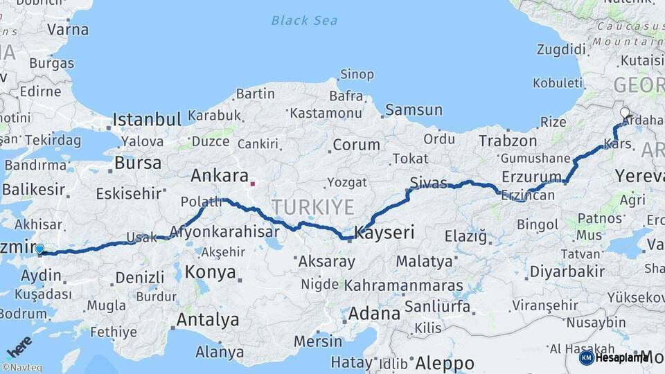 İzmir Hanak Ardahan Arası Kaç Km - Yol Haritası