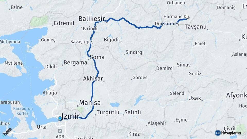 İzmir Harmancık Bursa Arası Kaç Km - Yol Haritası