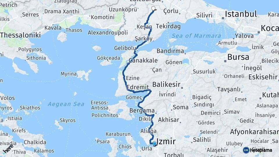 İzmir Hayrabolu Tekirdağ Arası Kaç Km - Yol Haritası