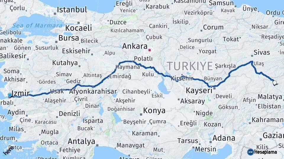 İzmir Hekimhan Malatya Arası Kaç Km - Yol Haritası
