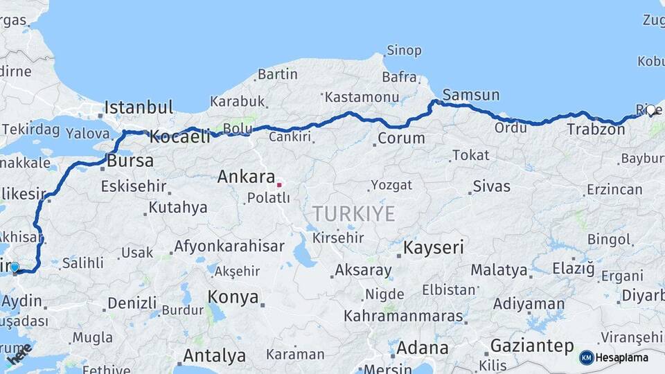 İzmir Hemşin Rize Arası Kaç Km - Yol Haritası