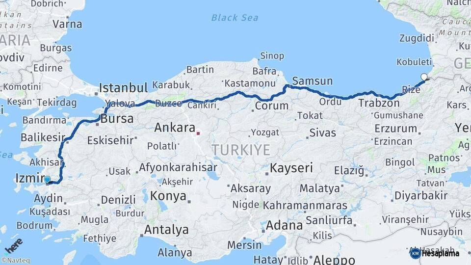 İzmir Hopa Artvin Arası Kaç Km - Yol Haritası