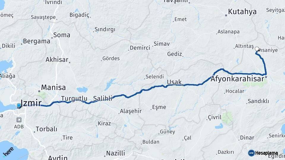İzmir İhsaniye Afyonkarahisar Arası Kaç Km - Yol Haritası