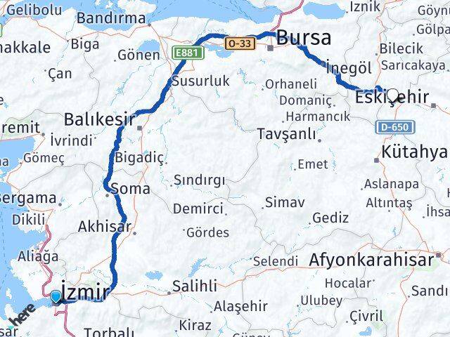 İzmir İnönü Eskişehir Arası Kaç Km - Yol Haritası