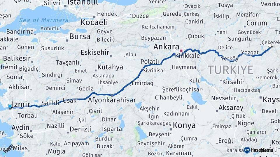 İzmir Kadışehri Yozgat Arası Kaç Km - Yol Haritası
