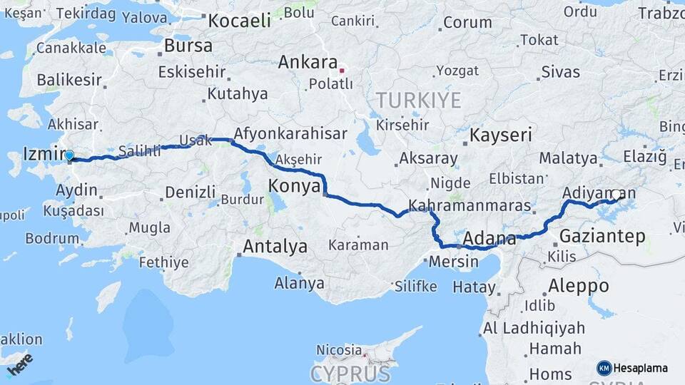 İzmir Kahta Adıyaman Arası Kaç Km - Yol Haritası