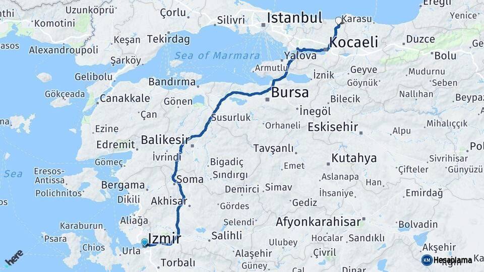 İzmir Kandıra Kocaeli Arası Kaç Km - Yol Haritası