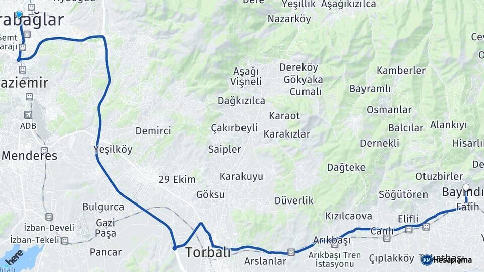 İzmir Karabağlar Bayındır Arası Kaç Km - Yol Haritası