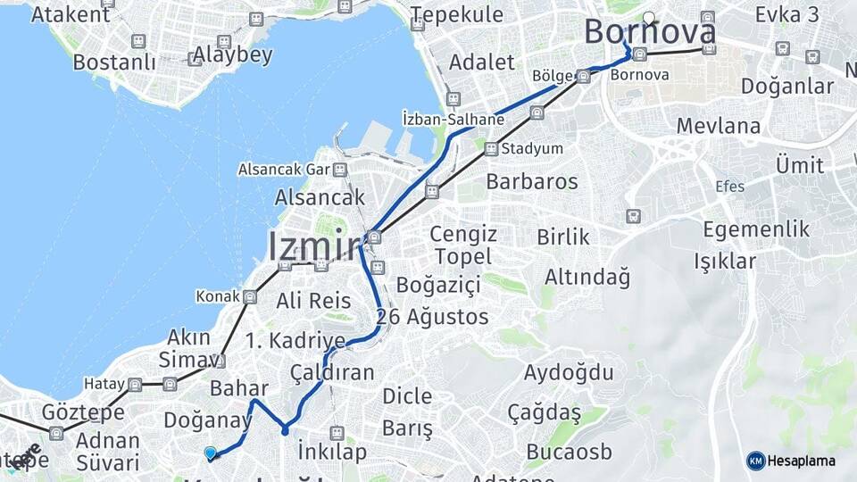 İzmir Karabağlar Bozyaka Bornova Arası Kaç Km - Yol Haritası
