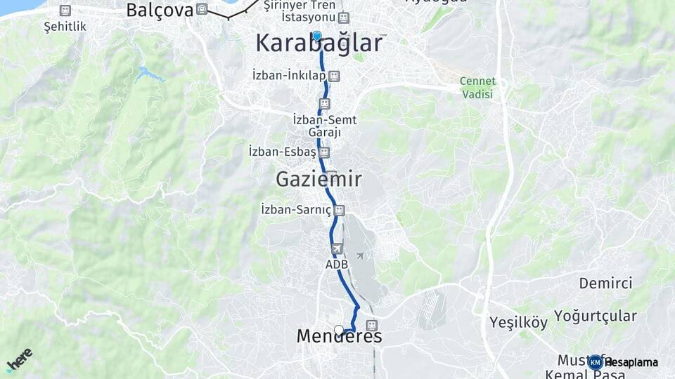 İzmir Karabağlar Menderes Arası Kaç Km - Yol Haritası