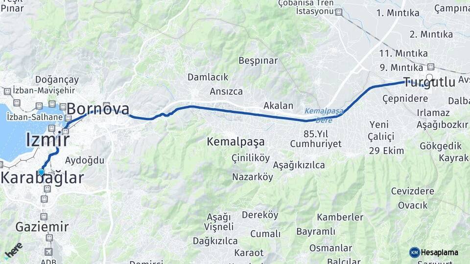 İzmir Karabağlar Turgutlu Manisa Arası Kaç Km - Yol Haritası