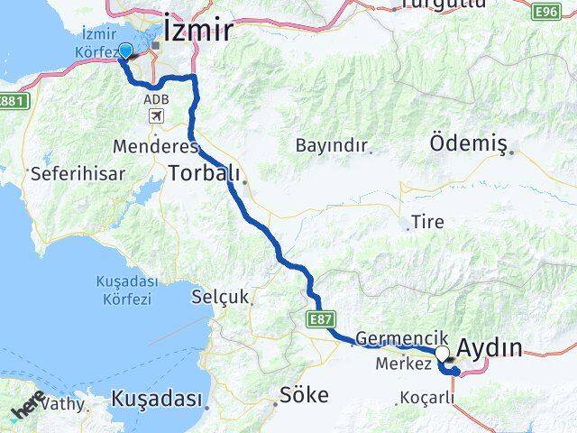 İzmir Karabağlar Üçkuyular Efeler Aydın Arası Kaç Km - Yol Haritası