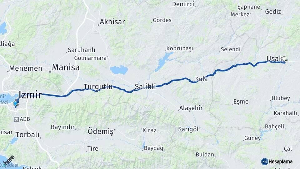 İzmir Karabağlar Uşak Arası Kaç Km - Yol Haritası