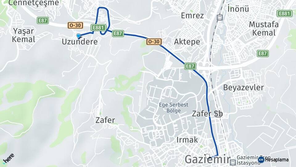 İzmir Karabağlar Uzundere Gaziemir Arası Kaç Km - Yol Haritası