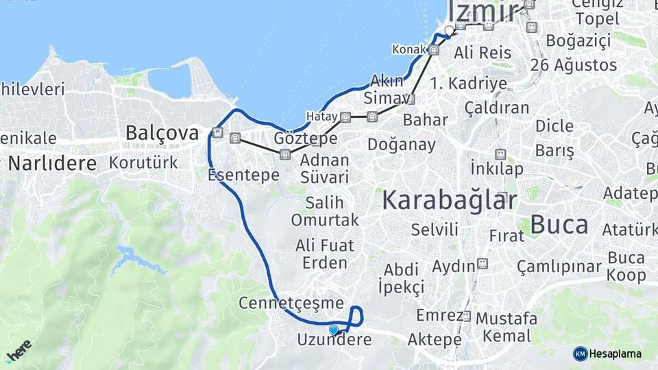 İzmir Karabağlar Uzundere Konak Arası Kaç Km - Yol Haritası