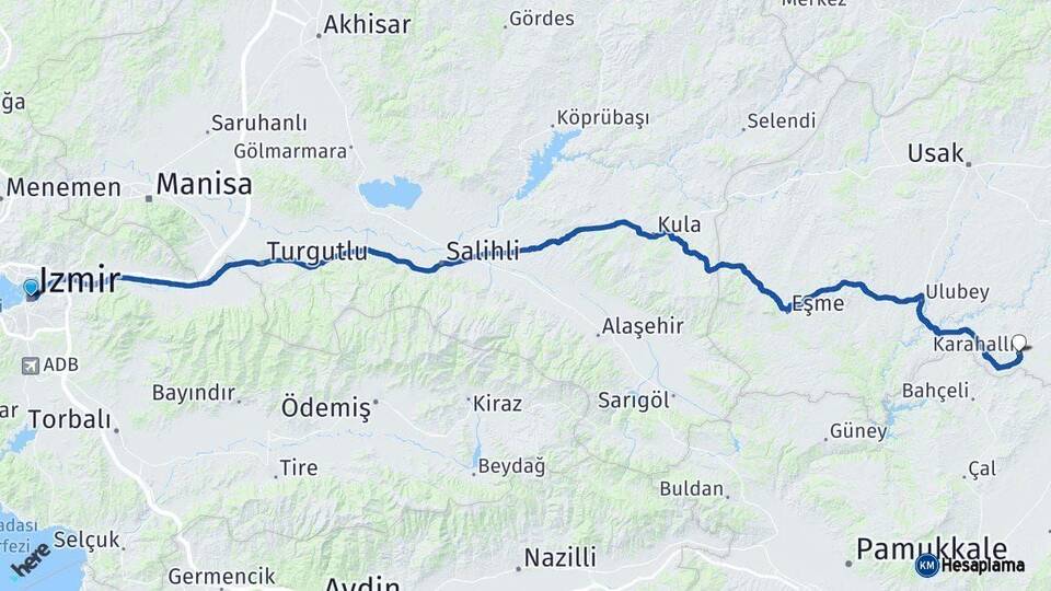 İzmir Karahallı Uşak Arası Kaç Km - Yol Haritası