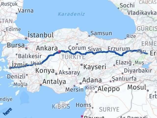 İzmir Karşıyaka Ağrı Arası Kaç Km - Yol Haritası