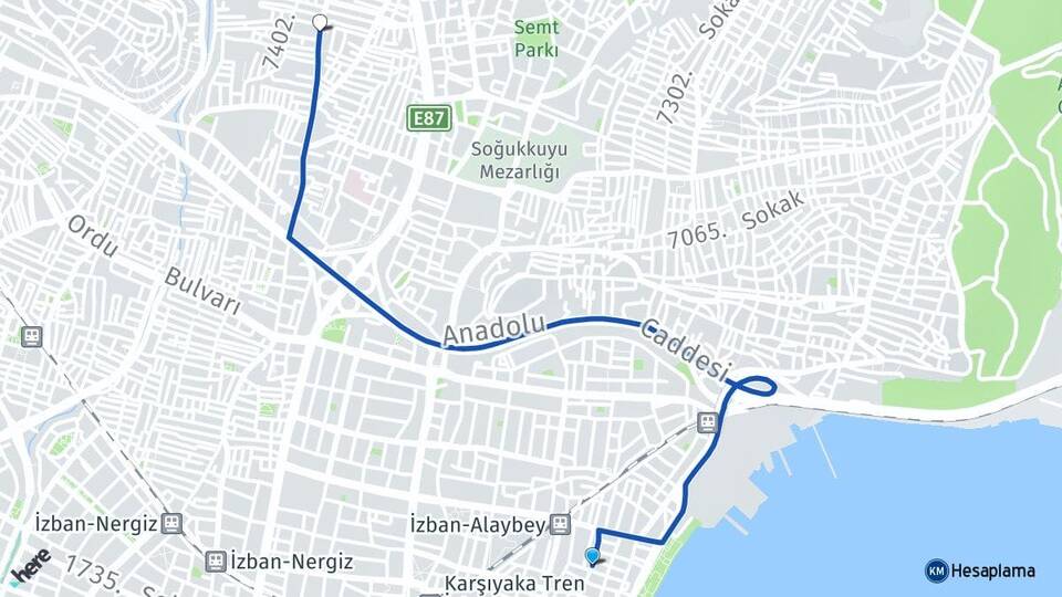 İzmir Karşıyaka Alaybey Karşıyaka Arası Kaç Km - Yol Haritası