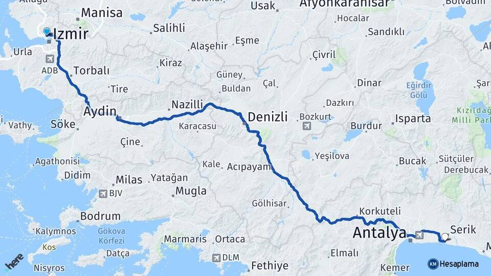 İzmir Karşıyaka Belek Serik Antalya Arası Kaç Km - Yol Haritası