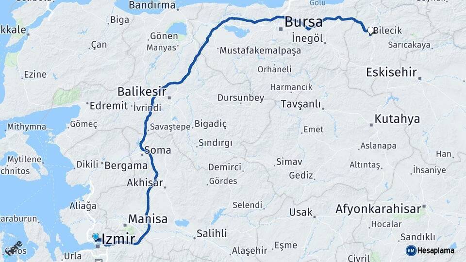 İzmir Karşıyaka Bilecik Arası Kaç Km - Yol Haritası