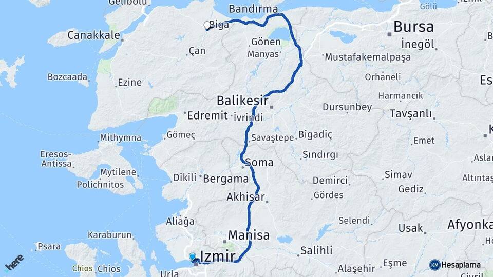 İzmir Karşıyaka Bostanlı Biga Çanakkale Arası Kaç Km - Yol Haritası