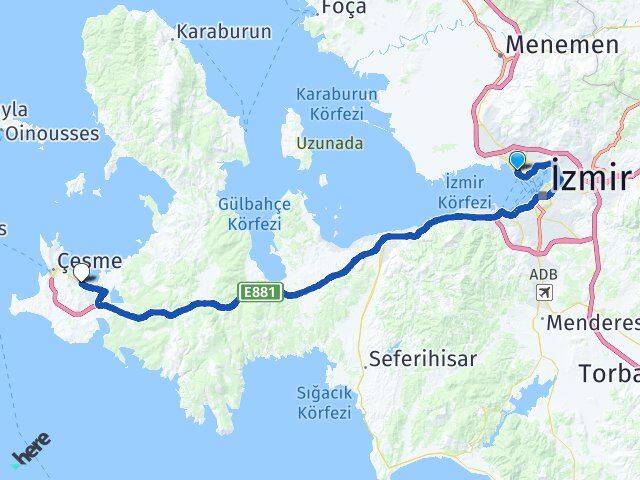 İzmir Karşıyaka Bostanlı Çeşme Arası Kaç Km - Yol Haritası