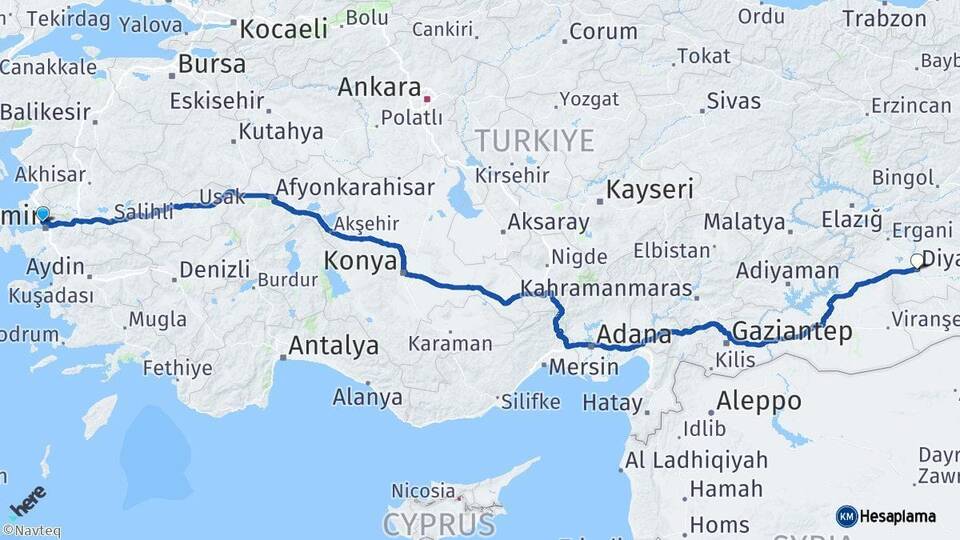İzmir Karşıyaka Diyarbakır Arası Kaç Km - Yol Haritası