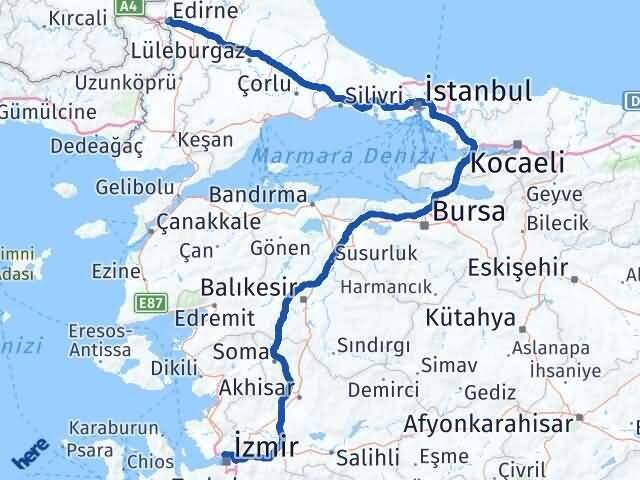 İzmir Karşıyaka Edirne Arası Kaç Km - Yol Haritası