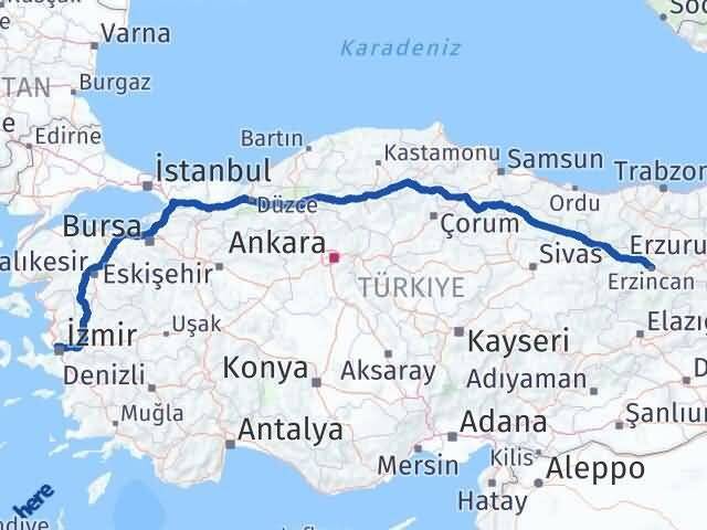 İzmir Karşıyaka Erzincan Arası Kaç Km - Yol Haritası