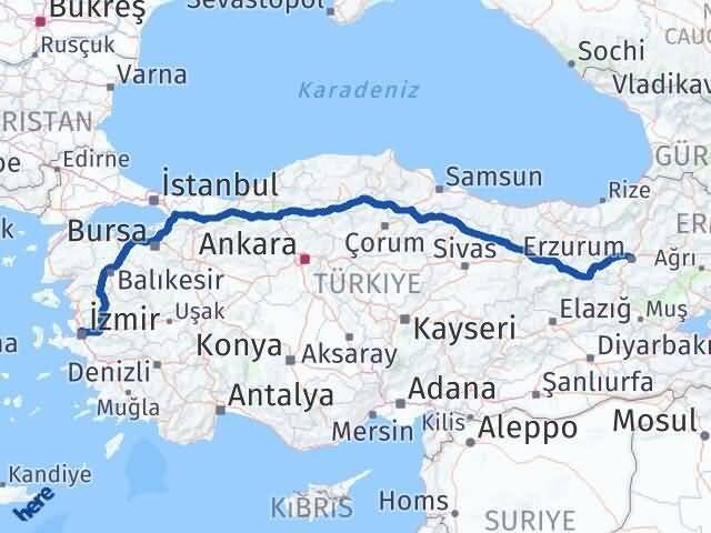 İzmir Karşıyaka Erzurum Arası Kaç Km - Yol Haritası