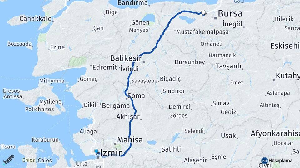 İzmir Karşıyaka Görükle Nilüfer Bursa Arası Kaç Km - Yol Haritası