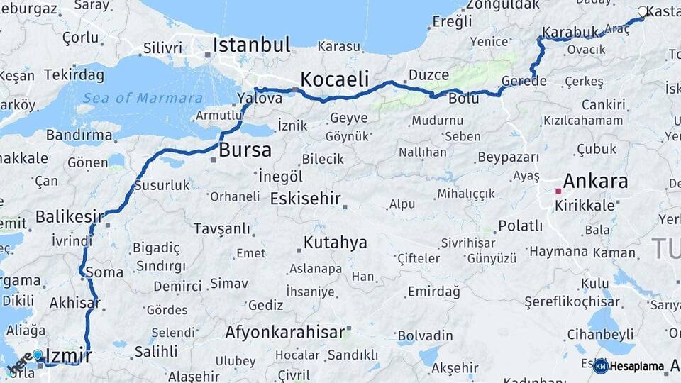 İzmir Karşıyaka Kastamonu Arası Kaç Km - Yol Haritası
