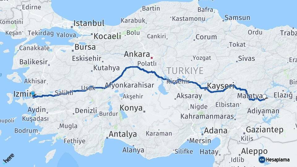 İzmir Karşıyaka Malatya Arası Kaç Km - Yol Haritası