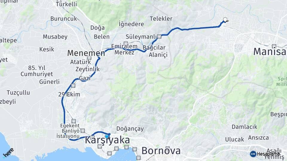 İzmir Karşıyaka Muradiye Yunusemre Manisa Arası Kaç Km - Yol Haritası