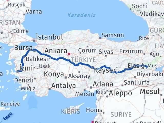 İzmir Karşıyaka Muş Arası Kaç Km - Yol Haritası
