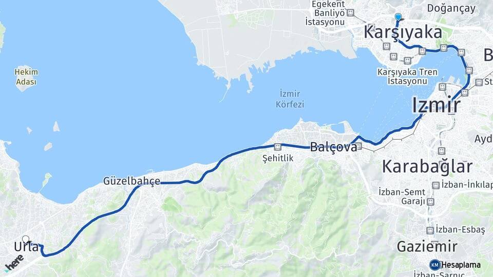 İzmir Karşıyaka Örnekköy Urla Arası Kaç Km - Yol Haritası