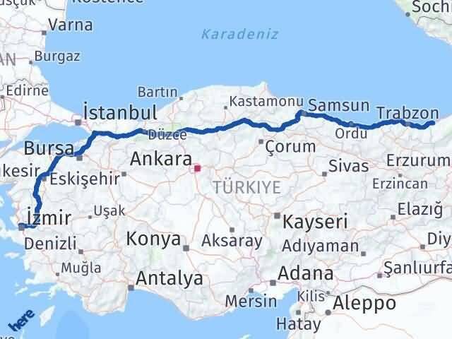 İzmir Karşıyaka Rize Arası Kaç Km - Yol Haritası