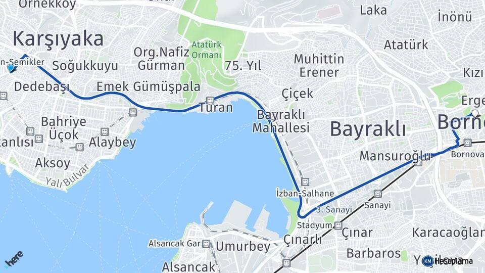 İzmir Karşıyaka Şemikler Bornova Arası Kaç Km - Yol Haritası