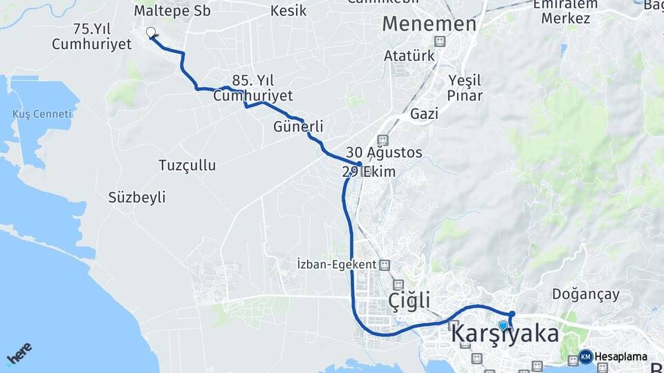 İzmir Karşıyaka Villakent Menemen Arası Kaç Km - Yol Haritası