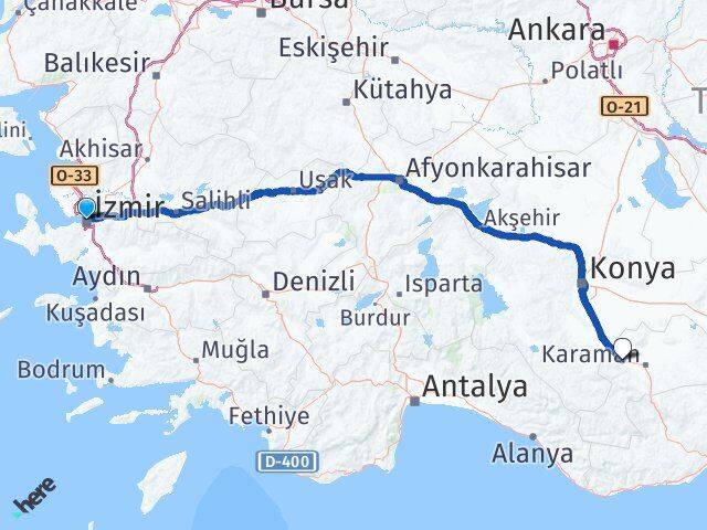 İzmir Kazımkarabekir Karaman Arası Kaç Km - Yol Haritası