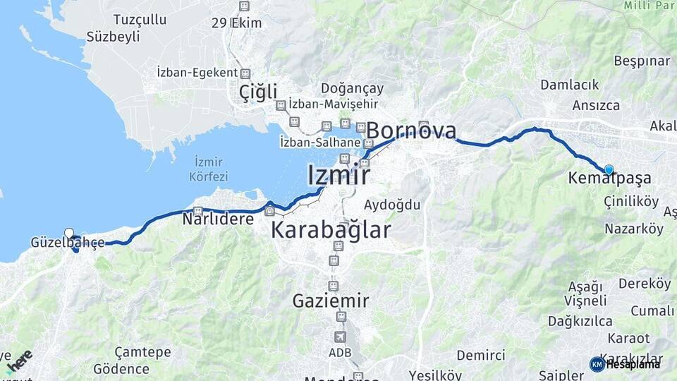 İzmir Kemalpaşa Güzelbahçe Arası Kaç Km - Yol Haritası