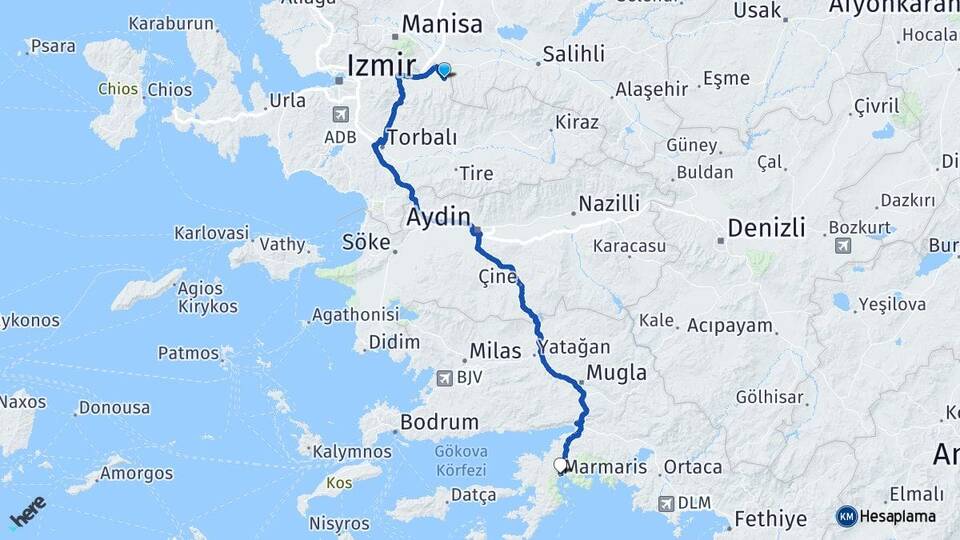 İzmir Kemalpaşa Halilbeyli Marmaris Muğla Arası Kaç Km - Yol Haritası