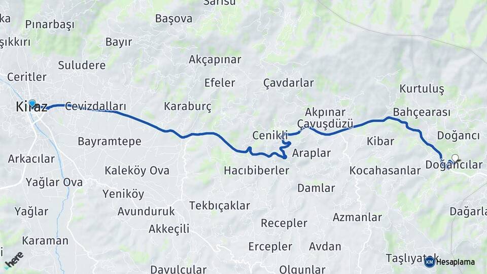 İzmir Kiraz Doğancılar Kiraz Arası Kaç Km - Yol Haritası