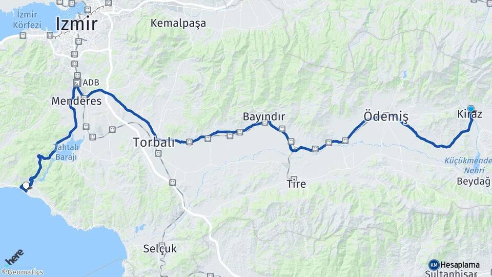 İzmir Kiraz Gümüldür Atatürk Menderes Arası Kaç Km - Yol Haritası