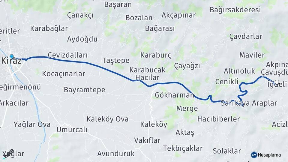 İzmir Kiraz İğdeli Kiraz Arası Kaç Km - Yol Haritası