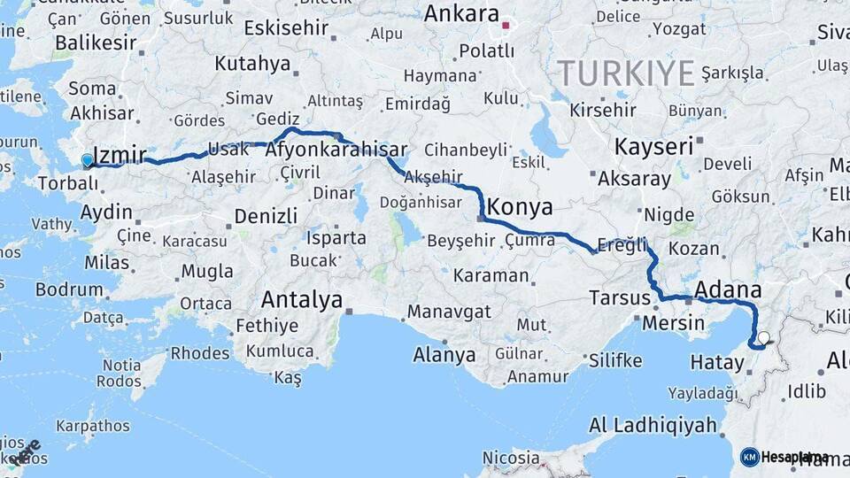 İzmir Kırıkhan Hatay Arası Kaç Km - Yol Haritası