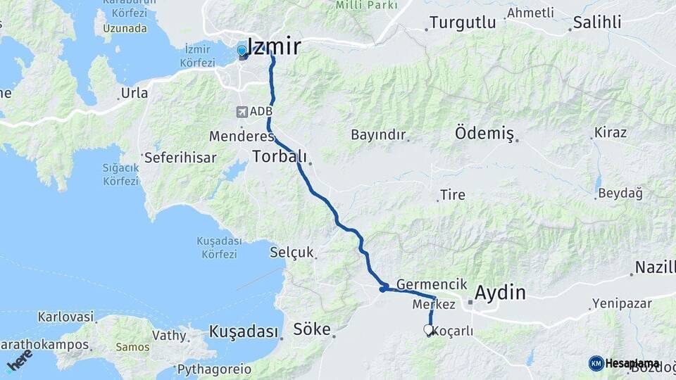İzmir Koçarlı Aydın Arası Kaç Km - Yol Haritası